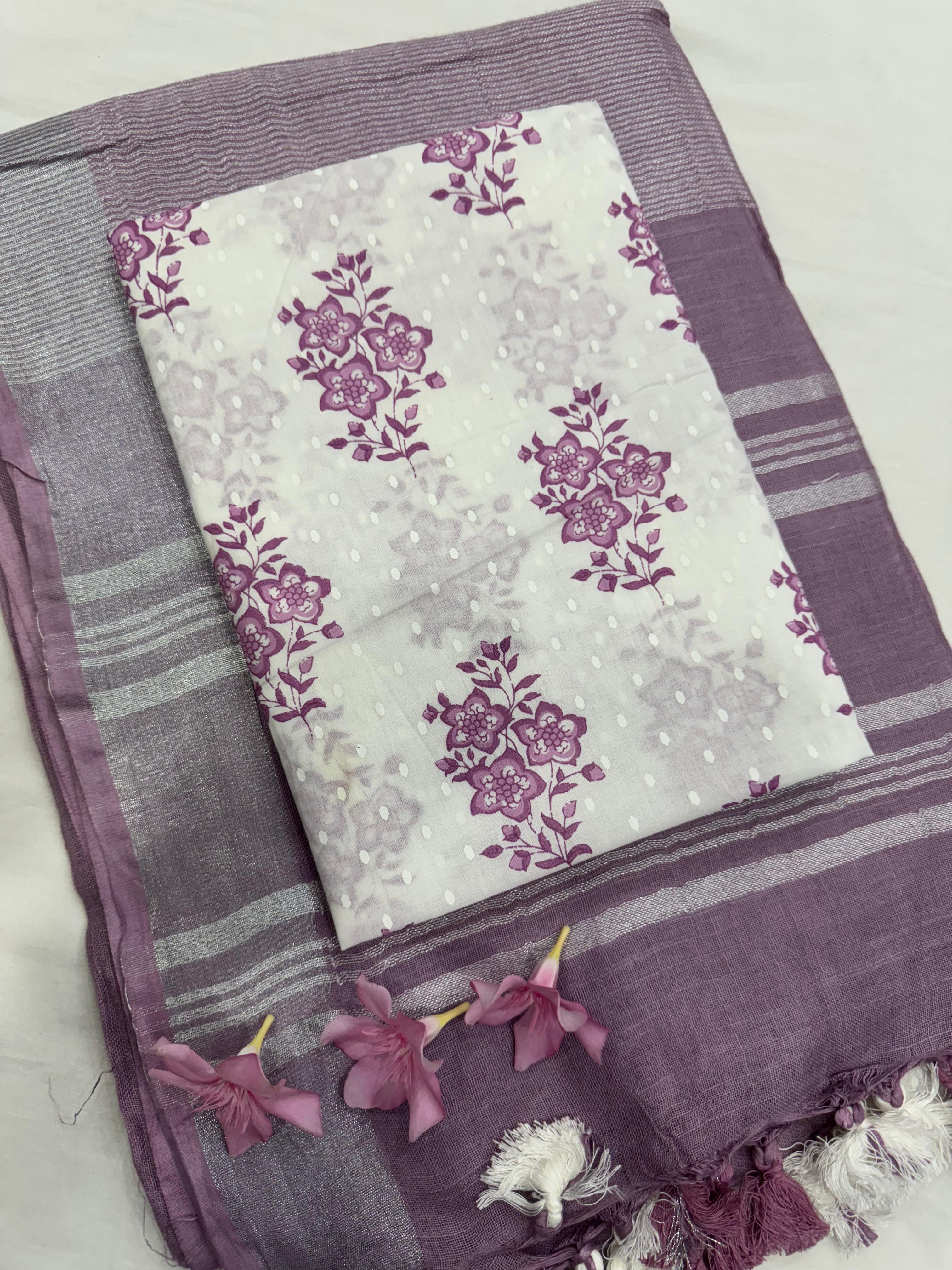Purple Saree with White Small Floral Butti Blouse Fabric – Designer handcrafted cotton mul handblock saree wholesale for retailers and boutiques